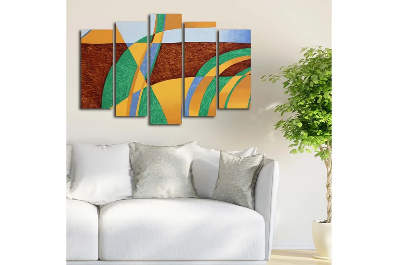 Suuri 5-osainen canvas-taulu 105x70 cm - Abstrakti sommitelma aaltoilevilla muodoilla ja väreillä - Vihreä / Oranssi / Ruskea - Sisustustuotteet - Taulu & taide - Canvas-taulu
