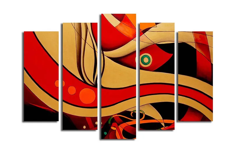 Suuri 5-osainen canvas-taulu 105x70 cm - Abstrakti sommitelma aaltoilevilla viivoilla ja muodoilla, Punainen / Kulta / Musta