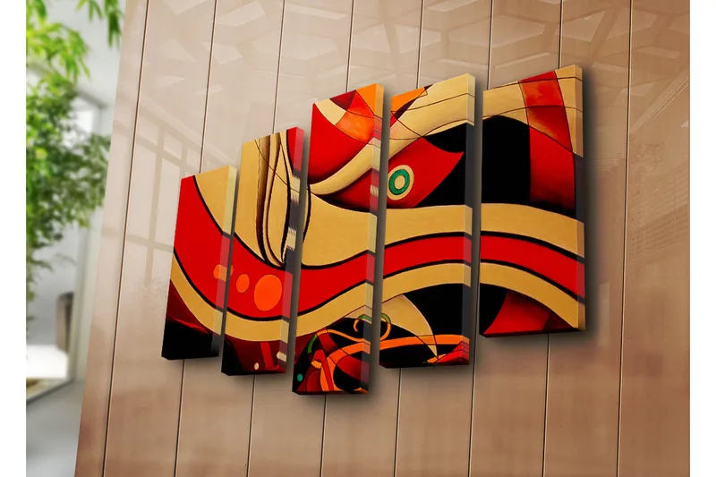 Suuri 5-osainen canvas-taulu 105x70 cm - Abstrakti sommitelma aaltoilevilla viivoilla ja muodoilla - Punainen / Kulta / Musta - Sisustustuotteet - Taulu & taide - Canvas-taulu