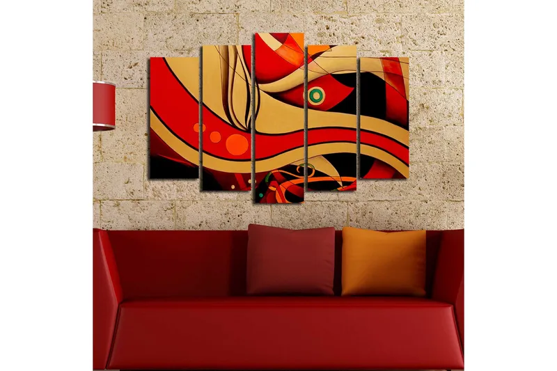 Suuri 5-osainen canvas-taulu 105x70 cm - Abstrakti sommitelma aaltoilevilla viivoilla ja muodoilla - Punainen / Kulta / Musta - Sisustustuotteet - Taulu & taide - Canvas-taulu