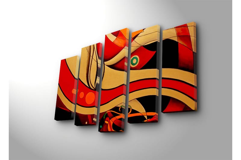 Suuri 5-osainen canvas-taulu 105x70 cm - Abstrakti sommitelma aaltoilevilla viivoilla ja muodoilla - Punainen / Kulta / Musta - Sisustustuotteet - Taulu & taide - Canvas-taulu