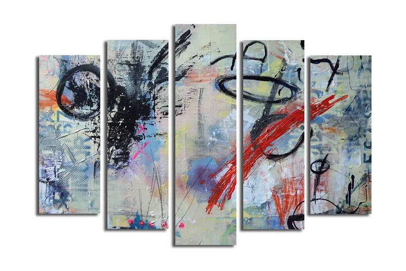 Suuri 5-osainen canvas-taulu 105x70 cm - Abstrakti sommitelma dynaamisilla viivoilla ja värillisillä elementeillä, Musta / Punainen / Sininen