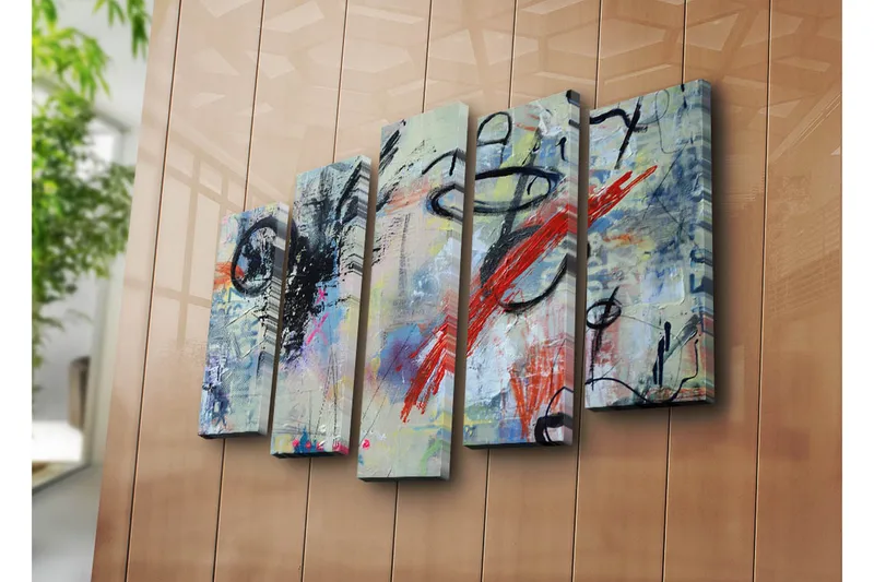 Suuri 5-osainen canvas-taulu 105x70 cm - Abstrakti sommitelma dynaamisilla viivoilla ja värillisillä elementeillä - Musta / Punainen / Sininen - Sisustustuotteet - Taulu & taide - Canvas-taulu