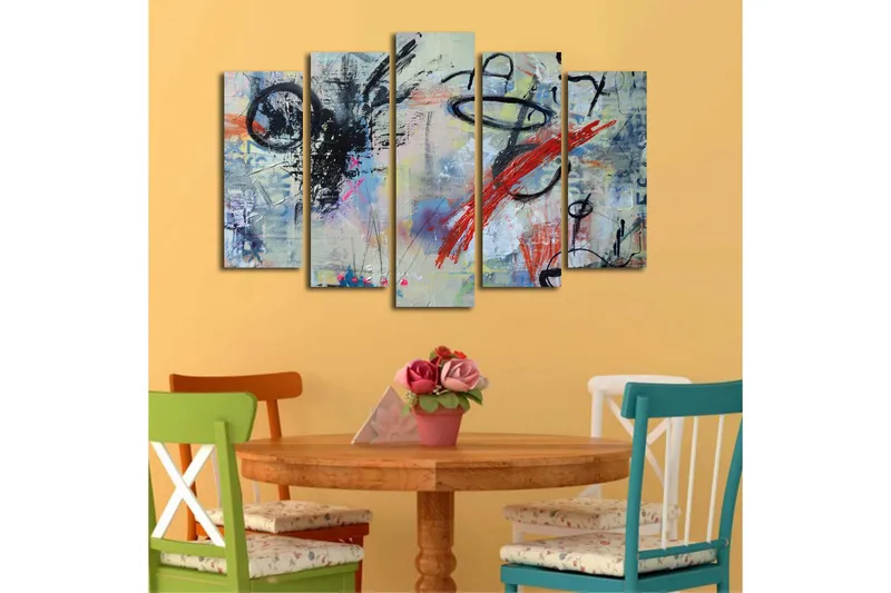 Suuri 5-osainen canvas-taulu 105x70 cm - Abstrakti sommitelma dynaamisilla viivoilla ja värillisillä elementeillä - Musta / Punainen / Sininen - Sisustustuotteet - Taulu & taide - Canvas-taulu