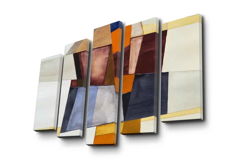 Suuri 5-osainen canvas-taulu 105x70 cm - Abstrakti sommitelma eri sävyisillä geometrisilla muodoilla, Tummanpunainen / Oranssi / Beige