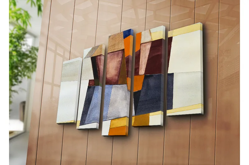 Suuri 5-osainen canvas-taulu 105x70 cm - Abstrakti sommitelma eri sävyisillä geometrisilla muodoilla - Tummanpunainen / Oranssi / Beige - Sisustustuotteet - Taulu & taide - Canvas-taulu