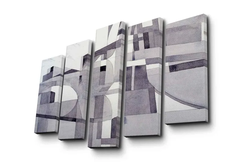 Suuri 5-osainen canvas-taulu 105x70 cm - Abstrakti sommitelma geometrisilla muodoilla harmaasävyissä, Harmaa / Valkoinen / Musta