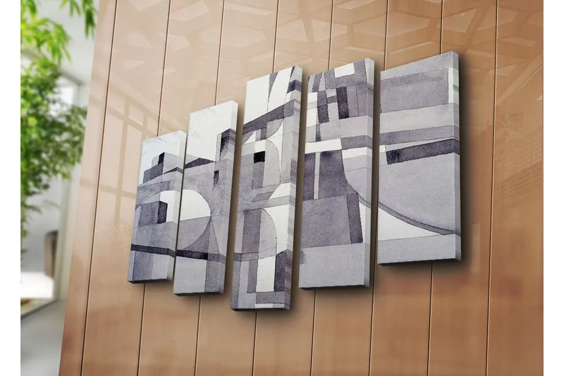 Suuri 5-osainen canvas-taulu 105x70 cm - Abstrakti sommitelma geometrisilla muodoilla harmaasävyissä - Harmaa / Valkoinen / Musta - Sisustustuotteet - Taulu & taide - Canvas-taulu