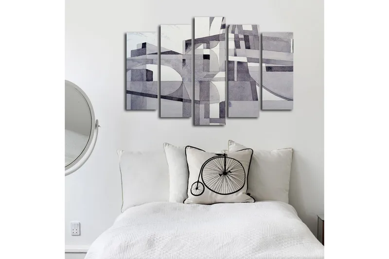 Suuri 5-osainen canvas-taulu 105x70 cm - Abstrakti sommitelma geometrisilla muodoilla harmaasävyissä - Harmaa / Valkoinen / Musta - Sisustustuotteet - Taulu & taide - Canvas-taulu