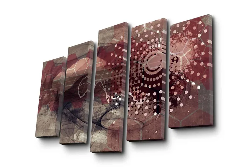 Suuri 5-osainen canvas-taulu 105x70 cm - Abstrakti sommitelma geometrisilla muodoilla ja kuvioilla, Tummanpunainen / Beige / Harmaa