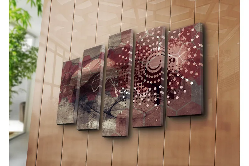 Suuri 5-osainen canvas-taulu 105x70 cm - Abstrakti sommitelma geometrisilla muodoilla ja kuvioilla - Tummanpunainen / Beige / Harmaa - Sisustustuotteet - Taulu & taide - Canvas-taulu