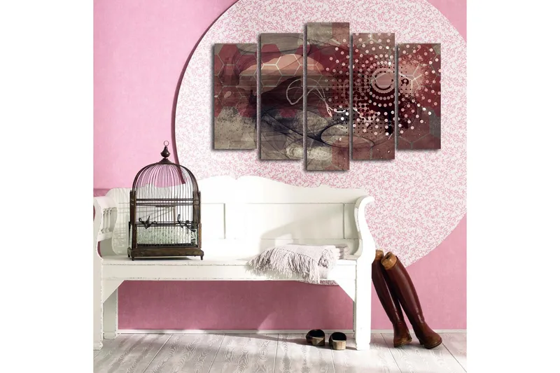 Suuri 5-osainen canvas-taulu 105x70 cm - Abstrakti sommitelma geometrisilla muodoilla ja kuvioilla - Tummanpunainen / Beige / Harmaa - Sisustustuotteet - Taulu & taide - Canvas-taulu