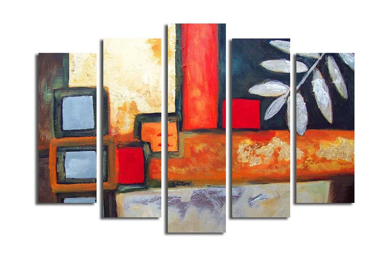 Suuri 5-osainen canvas-taulu 105x70 cm - Abstrakti sommitelma geometrisilla muodoilla ja lehtiaiheilla, Punainen / Harmaa / Oranssi