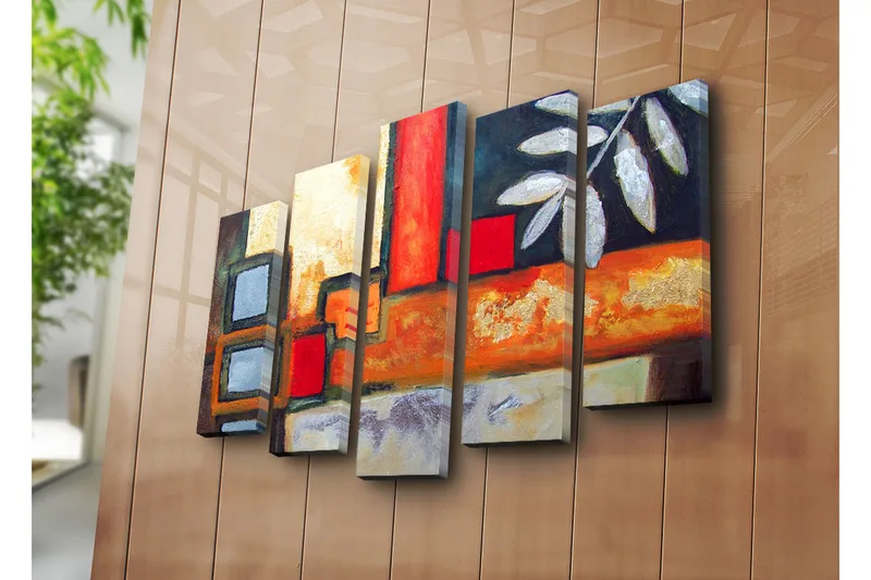Suuri 5-osainen canvas-taulu 105x70 cm - Abstrakti sommitelma geometrisilla muodoilla ja lehtiaiheilla - Punainen / Harmaa / Oranssi - Sisustustuotteet - Taulu & taide - Canvas-taulu