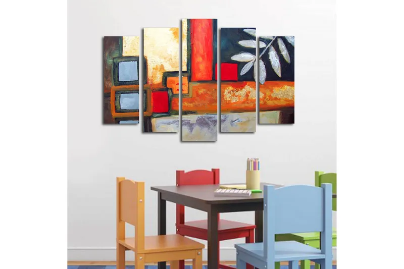 Suuri 5-osainen canvas-taulu 105x70 cm - Abstrakti sommitelma geometrisilla muodoilla ja lehtiaiheilla - Punainen / Harmaa / Oranssi - Sisustustuotteet - Taulu & taide - Canvas-taulu