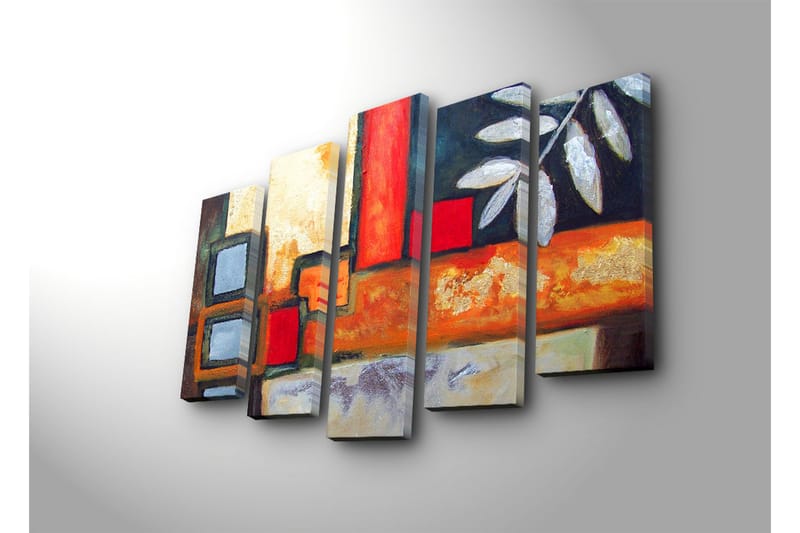 Suuri 5-osainen canvas-taulu 105x70 cm - Abstrakti sommitelma geometrisilla muodoilla ja lehtiaiheilla - Punainen / Harmaa / Oranssi - Sisustustuotteet - Taulu & taide - Canvas-taulu