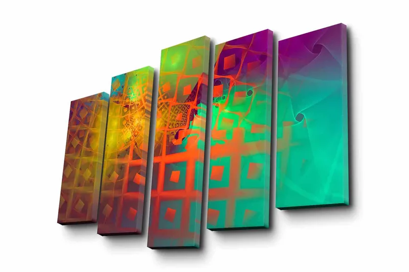 Suuri 5-osainen canvas-taulu 105x70 cm - Abstrakti sommitelma geometrisilla muodoilla ja värikkäillä kuvioilla, Vihreä / Oranssi / Violetti