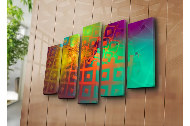 Suuri 5-osainen canvas-taulu 105x70 cm - Abstrakti sommitelma geometrisilla muodoilla ja värikkäillä kuvioilla - Vihreä / Oranssi / Violetti - Sisustustuotteet - Taulu & taide - Canvas-taulu