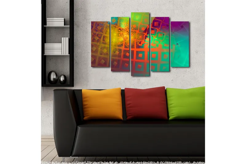 Suuri 5-osainen canvas-taulu 105x70 cm - Abstrakti sommitelma geometrisilla muodoilla ja värikkäillä kuvioilla - Vihreä / Oranssi / Violetti - Sisustustuotteet - Taulu & taide - Canvas-taulu