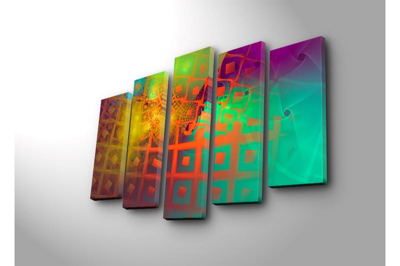 Suuri 5-osainen canvas-taulu 105x70 cm - Abstrakti sommitelma geometrisilla muodoilla ja värikkäillä kuvioilla - Vihreä / Oranssi / Violetti - Sisustustuotteet - Taulu & taide - Canvas-taulu