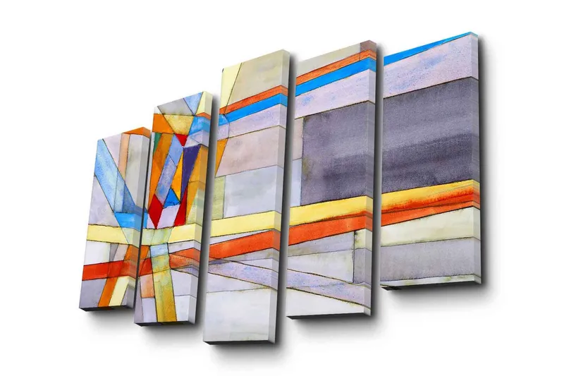 Suuri 5-osainen canvas-taulu 105x70 cm - Abstrakti sommitelma geometrisilla muodoilla ja värikkäillä viivoilla, Sininen / Oranssi / Harmaa
