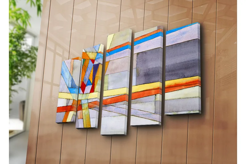 Suuri 5-osainen canvas-taulu 105x70 cm - Abstrakti sommitelma geometrisilla muodoilla ja värikkäillä viivoilla - Sininen / Oranssi / Harmaa - Sisustustuotteet - Taulu & taide - Canvas-taulu