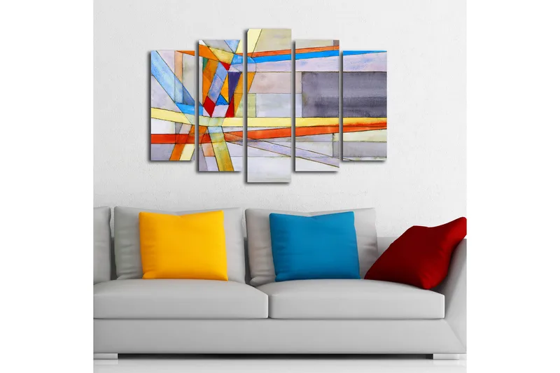 Suuri 5-osainen canvas-taulu 105x70 cm - Abstrakti sommitelma geometrisilla muodoilla ja värikkäillä viivoilla - Sininen / Oranssi / Harmaa - Sisustustuotteet - Taulu & taide - Canvas-taulu