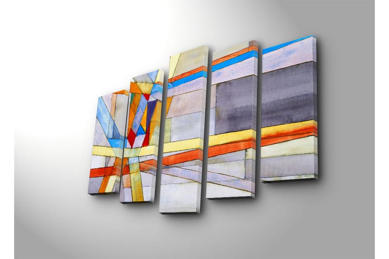 Suuri 5-osainen canvas-taulu 105x70 cm - Abstrakti sommitelma geometrisilla muodoilla ja värikkäillä viivoilla - Sininen / Oranssi / Harmaa - Sisustustuotteet - Taulu & taide - Canvas-taulu