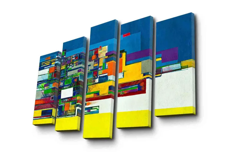 Suuri 5-osainen canvas-taulu 105x70 cm - Abstrakti sommitelma geometrisilla muodoilla ja vahvoilla väreillä, Sininen / Keltainen / Vihreä