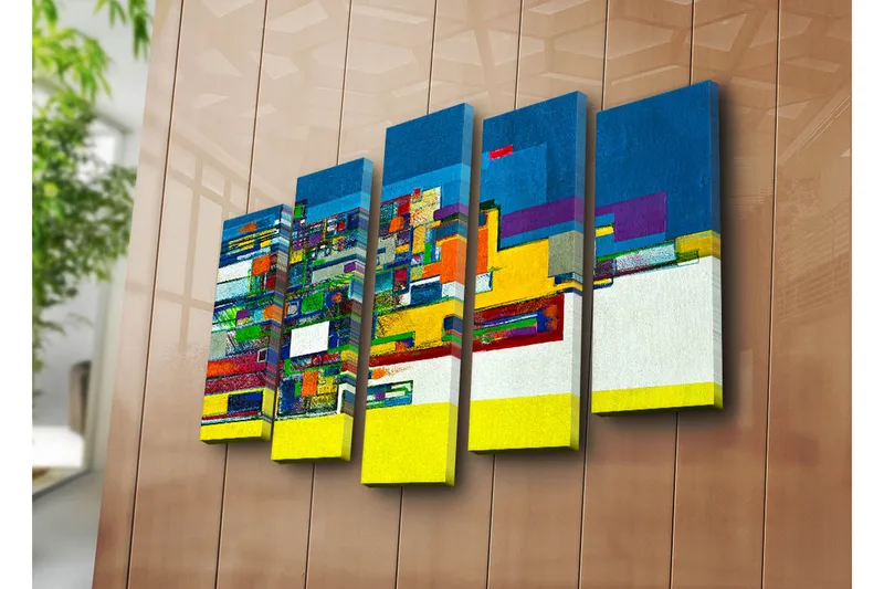 Suuri 5-osainen canvas-taulu 105x70 cm - Abstrakti sommitelma geometrisilla muodoilla ja vahvoilla väreillä - Sininen / Keltainen / Vihreä - Sisustustuotteet - Taulu & taide - Canvas-taulu