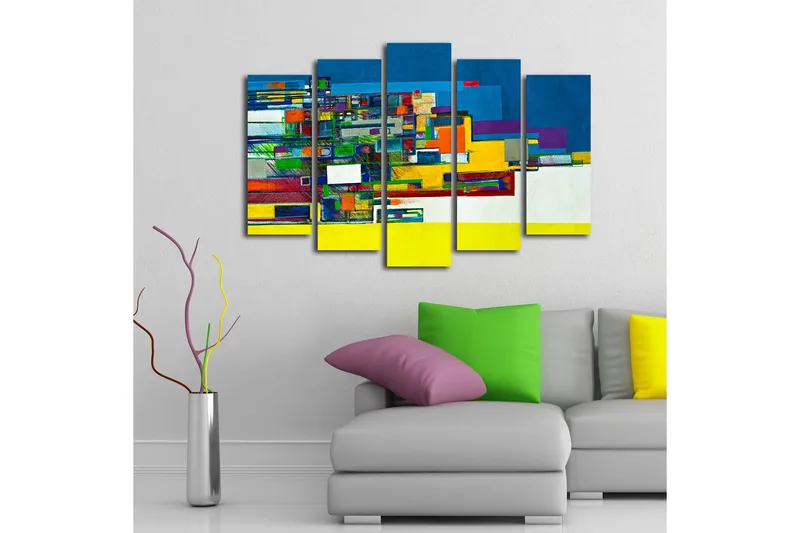 Suuri 5-osainen canvas-taulu 105x70 cm - Abstrakti sommitelma geometrisilla muodoilla ja vahvoilla väreillä - Sininen / Keltainen / Vihreä - Sisustustuotteet - Taulu & taide - Canvas-taulu