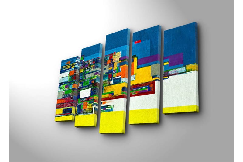 Suuri 5-osainen canvas-taulu 105x70 cm - Abstrakti sommitelma geometrisilla muodoilla ja vahvoilla väreillä - Sininen / Keltainen / Vihreä - Sisustustuotteet - Taulu & taide - Canvas-taulu