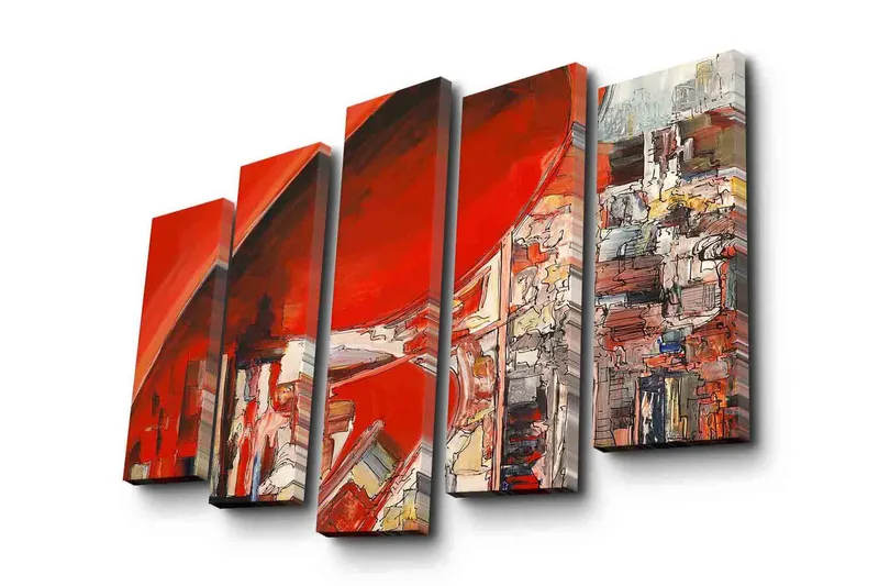 Suuri 5-osainen canvas-taulu 105x70 cm - Abstrakti sommitelma hallitsevilla punaisen sävyillä, Punainen / Valkoinen / Harmaa
