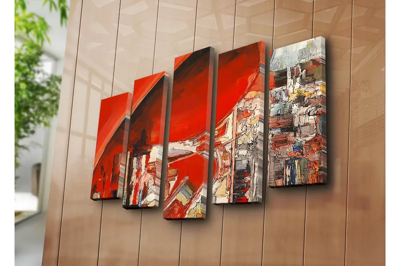 Suuri 5-osainen canvas-taulu 105x70 cm - Abstrakti sommitelma hallitsevilla punaisen sävyillä - Punainen / Valkoinen / Harmaa - Sisustustuotteet - Taulu & taide - Canvas-taulu