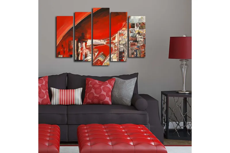 Suuri 5-osainen canvas-taulu 105x70 cm - Abstrakti sommitelma hallitsevilla punaisen sävyillä - Punainen / Valkoinen / Harmaa - Sisustustuotteet - Taulu & taide - Canvas-taulu