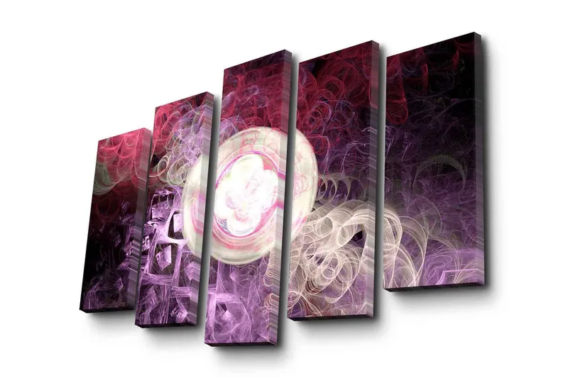 Suuri 5-osainen canvas-taulu 105x70 cm - Abstrakti sommitelma kelluvilla muodoilla ja kirkkailla ympyröillä, Violetti / Vaaleanpunainen / Valkoinen