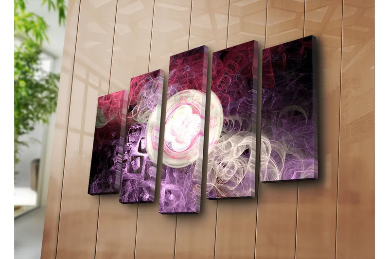 Suuri 5-osainen canvas-taulu 105x70 cm - Abstrakti sommitelma kelluvilla muodoilla ja kirkkailla ympyröillä - Violetti / Vaaleanpunainen / Valkoinen - Sisustustuotteet - Taulu & taide - Canvas-taulu