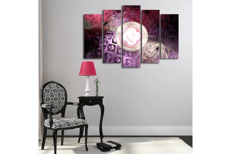 Suuri 5-osainen canvas-taulu 105x70 cm - Abstrakti sommitelma kelluvilla muodoilla ja kirkkailla ympyröillä - Violetti / Vaaleanpunainen / Valkoinen - Sisustustuotteet - Taulu & taide - Canvas-taulu
