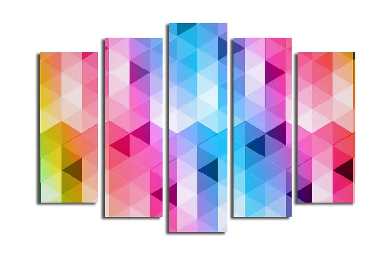 Suuri 5-osainen canvas-taulu 105x70 cm - Abstrakti sommitelma kolmiokuvioilla voimakkaissa väreissä, Vaaleanpunainen / Sininen / Violetti