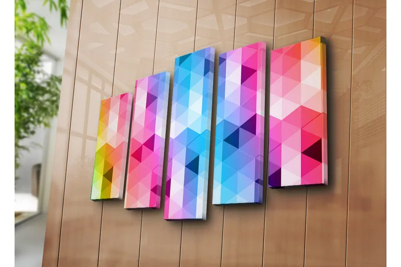 Suuri 5-osainen canvas-taulu 105x70 cm - Abstrakti sommitelma kolmiokuvioilla voimakkaissa väreissä - Vaaleanpunainen / Sininen / Violetti - Sisustustuotteet - Taulu & taide - Canvas-taulu