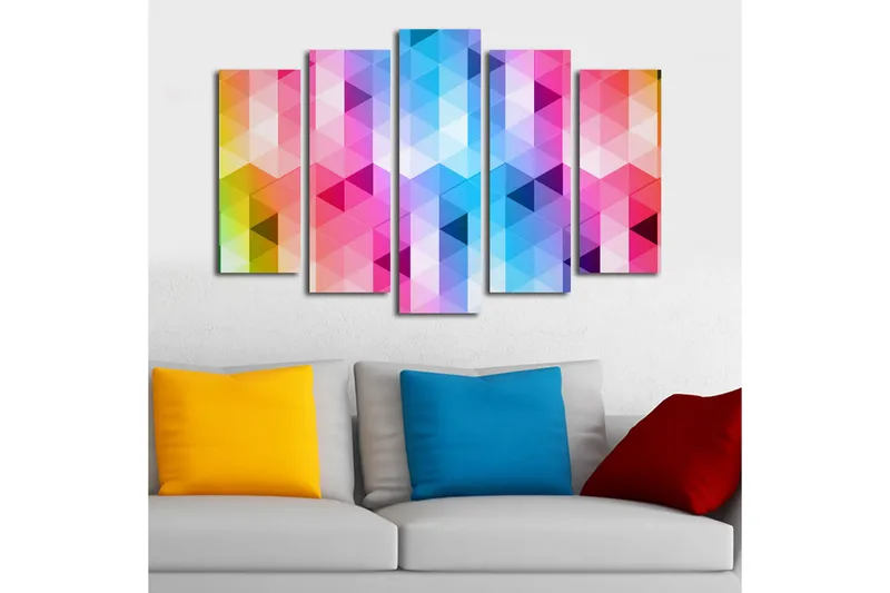 Suuri 5-osainen canvas-taulu 105x70 cm - Abstrakti sommitelma kolmiokuvioilla voimakkaissa väreissä - Vaaleanpunainen / Sininen / Violetti - Sisustustuotteet - Taulu & taide - Canvas-taulu