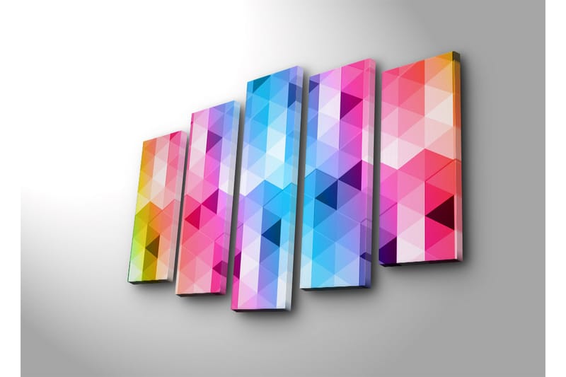 Suuri 5-osainen canvas-taulu 105x70 cm - Abstrakti sommitelma kolmiokuvioilla voimakkaissa väreissä - Vaaleanpunainen / Sininen / Violetti - Sisustustuotteet - Taulu & taide - Canvas-taulu
