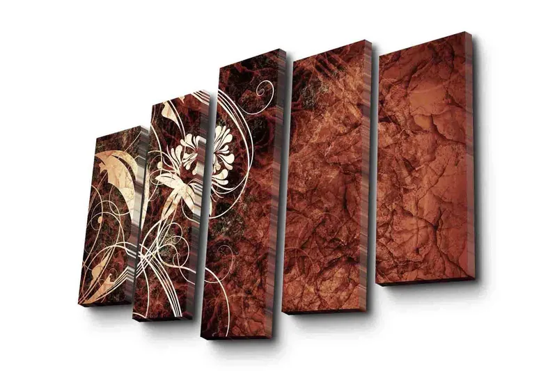 Suuri 5-osainen canvas-taulu 105x70 cm - Abstrakti sommitelma kukilla ja kaarevilla viivoilla, Tummanpunainen / Beige / Valkoinen