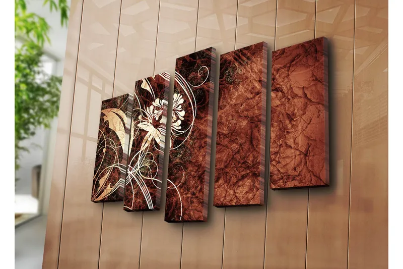 Suuri 5-osainen canvas-taulu 105x70 cm - Abstrakti sommitelma kukilla ja kaarevilla viivoilla - Tummanpunainen / Beige / Valkoinen - Sisustustuotteet - Taulu & taide - Canvas-taulu