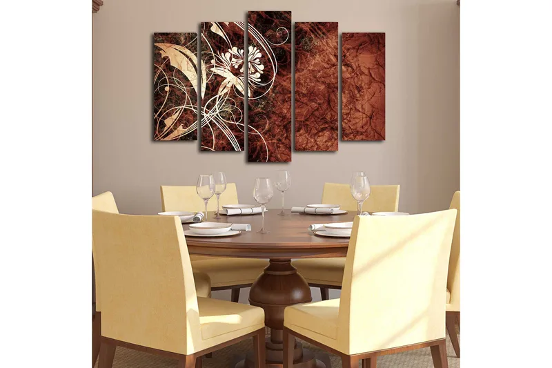 Suuri 5-osainen canvas-taulu 105x70 cm - Abstrakti sommitelma kukilla ja kaarevilla viivoilla - Tummanpunainen / Beige / Valkoinen - Sisustustuotteet - Taulu & taide - Canvas-taulu