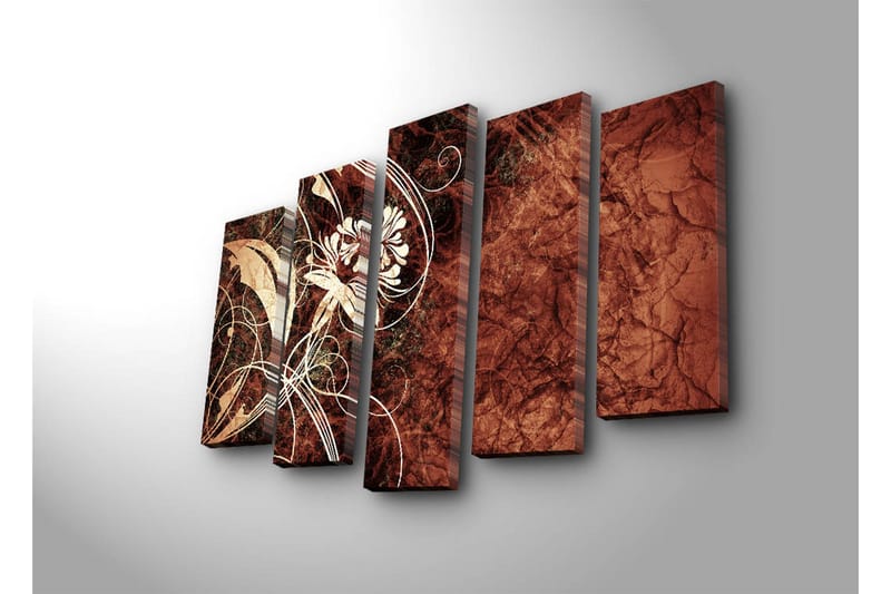 Suuri 5-osainen canvas-taulu 105x70 cm - Abstrakti sommitelma kukilla ja kaarevilla viivoilla - Tummanpunainen / Beige / Valkoinen - Sisustustuotteet - Taulu & taide - Canvas-taulu