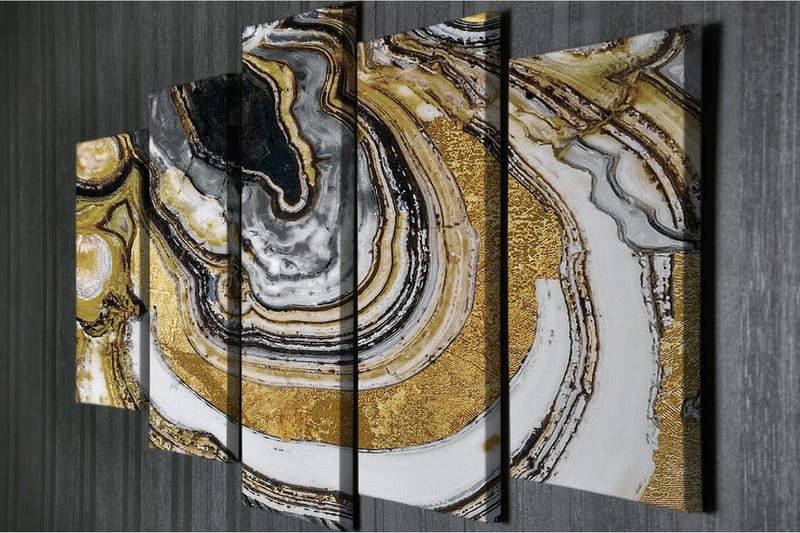 Suuri 5-osainen canvas-taulu 105x70 cm - Abstrakti sommitelma kultaisilla ja mustilla marmorikuvioilla - Kulta / Musta / Valkoinen - Sisustustuotteet - Taulu & taide - Canvas-taulu