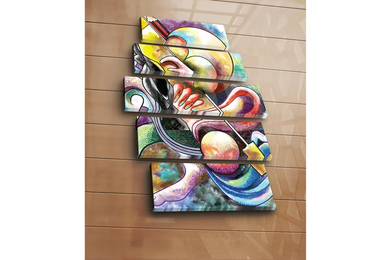 Suuri 5-osainen canvas-taulu 105x70 cm - Abstrakti sommitelma musiikillisilla elementeillä - Keltainen / Musta / Punainen - Sisustustuotteet - Taulu & taide - Canvas-taulu