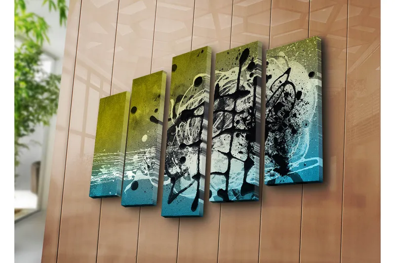 Suuri 5-osainen canvas-taulu 105x70 cm - Abstrakti sommitelma mustilla ja sinisillä muodoilla - Musta / Sininen / Vihreä - Sisustustuotteet - Taulu & taide - Canvas-taulu