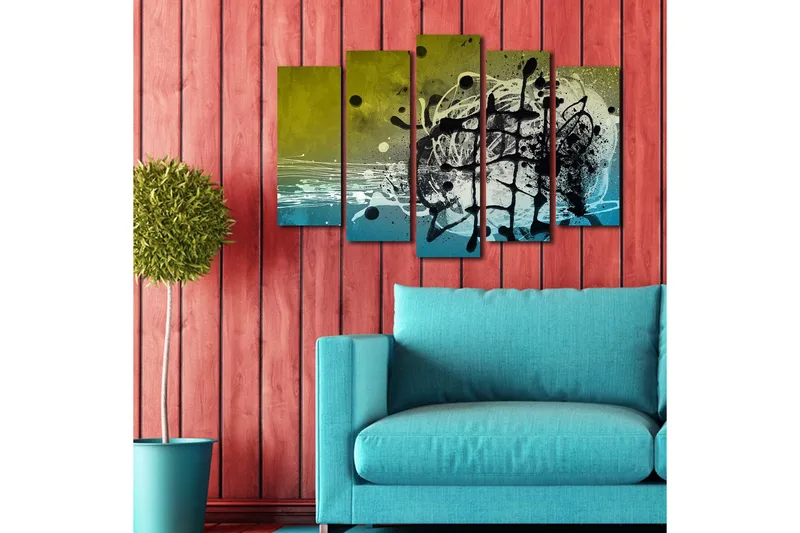 Suuri 5-osainen canvas-taulu 105x70 cm - Abstrakti sommitelma mustilla ja sinisillä muodoilla - Musta / Sininen / Vihreä - Sisustustuotteet - Taulu & taide - Canvas-taulu